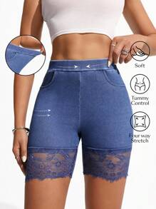 SHEIN ICON Blue High Waist Fitted Sexy Lace Trim Women's Denim Shorts, Spring/Summer - Blue - View 1