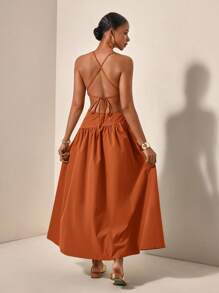 Zivah New Spring & Summer Casual Vacation Asymmetrical Hollow-Out Waist Cross-Back Dress - B Burnt Orange Dress Rust Dress Terracotta Dress - Redwood - View 2