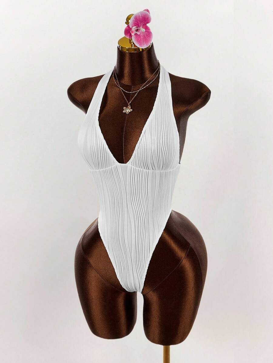 Amplova Deep-V Neck Tie-Dye Textured Bodysuit - White - View 1