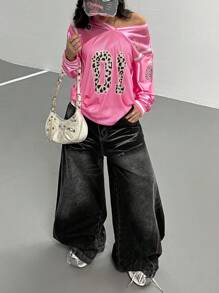 Teen Girls' Numeric Leopard Print V-Neck Long Sleeve Loose Sweatshirt - Multicolor - View 3