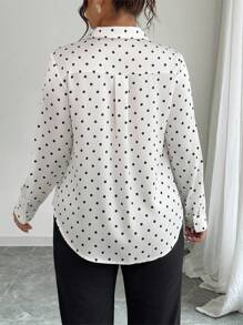 Elenzga Plus Size Polka Dot Print Button Up Short Sleeve Shirt With Random Print Fall Cloth For Women - Black and White - View 2