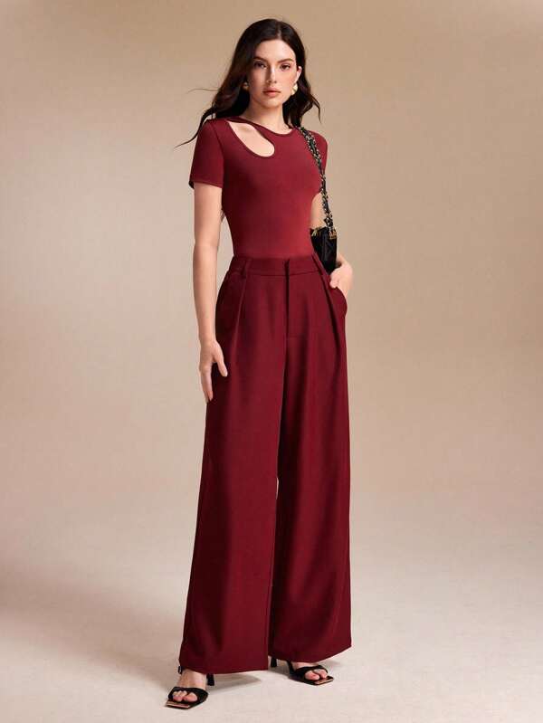 Spring Affair Solid Color Cut Out Short Sleeves T Shirt For Women Casual Formal  Party Vacation Teacher Outfits For Women Wide Leg Pants Women
