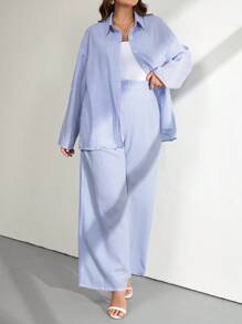 SHEIN Tall CURVE 大码女式蓝白条纹宽松休闲两件套 - 藍色 - 查看 5
