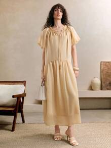 Arave Women's Viscose Fabric Summer Loose Casual Commuting Tie-Neck V-Neck Ruffled Lantern Sleeve Long Midi Dress,Butter Yellow Dress,Summer Dresses For Women,Casual Dresses For Woman,Flowy Dress,Modest Dresses For Women,Graduation Dresses For Women,Going Out Dress, Elegant Midi Dress,Wedding Guest Dress Women