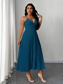 SHEIN Unity Plus Size Elegant Spaghetti Strap Ruched Open Shoulder Bowknot Dress - Blue - View 4