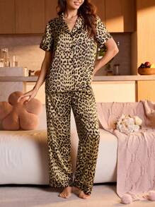 SHEIN Women Leopard Print Short Sleeve Button-Up Top And Pants Pajama Set - Yellow - View 1