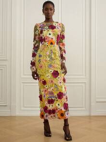 Aveloria Rosie Đầm dự tiệc sinh nhật trang trọng cổ tròn tay dài thêu hoa 3D thiết kế ngẫu nhiên - Màu vàng - Xem 5