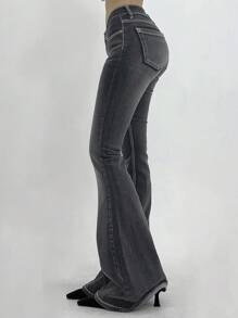 DAZY Jeans évasés à taille basse, effet vintage lavé, avec col contrasté et ourlet brut pour femmes - Noir - Voir 7