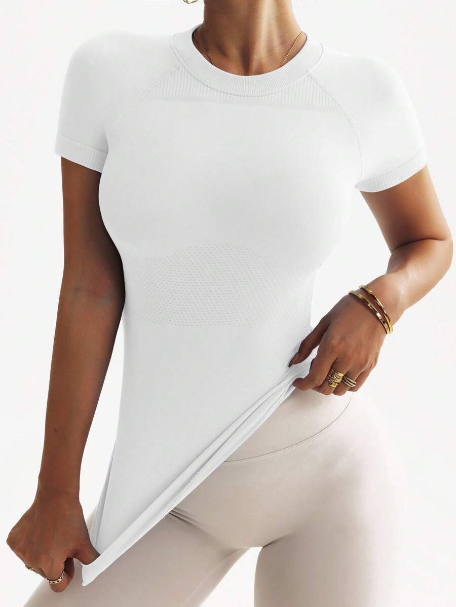 Easithlete Áo thun thể thao tay ngắn Raglan trơn màu dành cho nữ, dáng ôm, dáng ôm - trắng - Xem 1