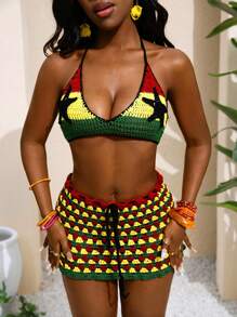 Slaydiva 2 Stücke Sommer 2025 Musikfestival, Ostern, Western Stil, Nomaden Stil, Pool Party, Sexy Urlaub, Kreuzfahrt Reise, Strand, Sonnen, Bademode, Blumen Muster Dreieck Top Bikini & Rock, Color-Block gehäkelter Strickpullover Set für Frauen