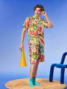 Notgurli Funny And Quirky European & American Style Men Short Sleeve Single Breasted Top And Shorts Pajama Set - Multicolor - View 3