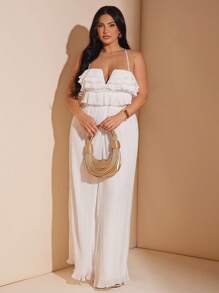 SHEIN BAE Tuta larga con volant a strati elegante, taglio ampio, con canottiera, per donna taglie forti, casual per uso quotidiano/spiaggia, primavera/estate vacanza