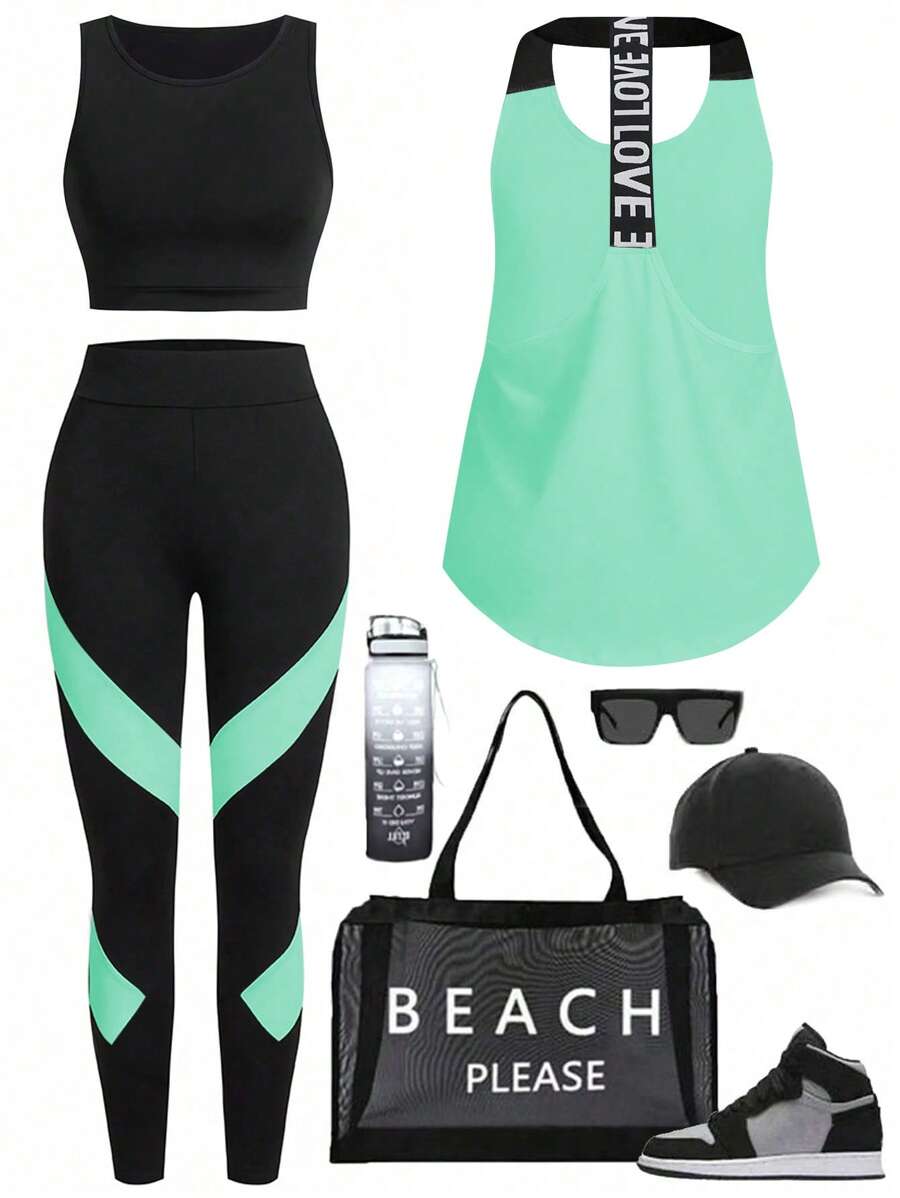 Easithlete Conjunto deportivo de mujer con top de tirantes con letras y leggings de color contrastante. Conjunto de ropa deportiva, conjunto de entrenamiento, ropa de gimnasio, conjunto de ropa de entrenamiento para mujeres