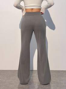 SHEIN EZwear 大码休闲舒适柔软高弹低腰长裤阔腿运动裤女式阔腿裤高腰运动裤 - 灰色 - 查看 2