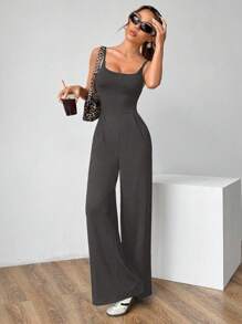 Flirla 纯色露背吊带背心和直腿宽松连体裤 - 灰色 - 查看 2