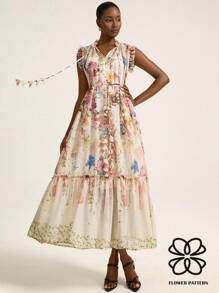 Aveloria Rosie 浪漫优雅雪纺甜美少女定位印花3D花朵流苏系带3D花朵腰带女伞形下摆荷叶边连衣裙 - 彩色 - 查看 3