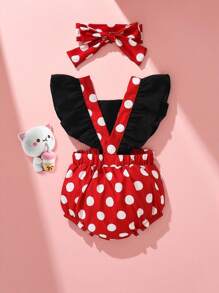 SHEIN Playful Pals Baby Girl Polka Dot Ruffle Trim Bow Front Bodysuit & Headband