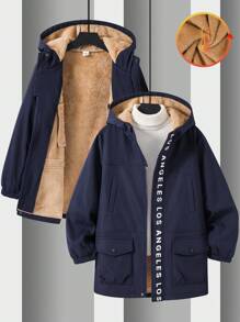 SHEIN 青少年男童字母印花拉链连帽夹克，带保暖内衬，秋冬男童冬季夹克，男童连帽夹克，男童羊毛夹克，儿童冬季外套，男童外套 - 藏蓝色 - 查看 7