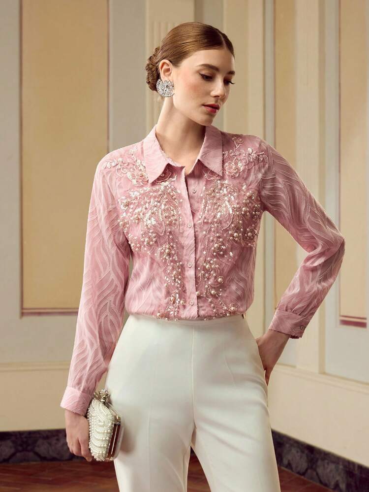 ZEYLAH Blusa Elegante Feminina de Manga Longa com Botão Único e Decoração de Pérola Falsa