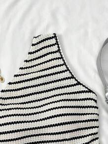 SHEIN Teen Girls Black & White Striped Knit Textured Asymmetric Waist Cinched Camisole Top, Vacation Wear Striped Teen Top Black And White Striped Top One Shoulder Top Teen Teen Girl Summer Tops Knit Top Teen