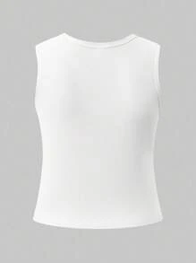 Teen GirlFloral Print Minimalist Ribbed Tank Top - White - View 3