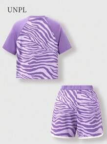 SHEIN 2pcs/Set Girls Zebra Print & Letter Short Sleeve Raglan T-Shirt And Shorts, Suitable For Daily Outdoor Activities - Multicolor - View 2