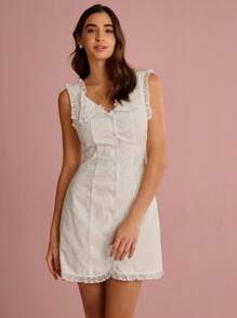 Enchnt Váy ngắn ren thêu khoét nút phía trước màu trắng giản dị mùa hè lãng mạn dành cho nữ, ngọt ngào & thanh lịch cho kỳ nghỉ & hẹn hò & ngày lễ & tiệc tùng & tốt nghiệp & khách dự tiệc cưới & bãi biển, váy dạ hội, váy mùa hè cho nữ, quần áo mùa hè, váy thanh lịch cho tiệc tùng, quần áo bohemian - trắng - Xem 5