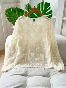 EMERY ROSE Women Loose Fit Solid Color Round Neck Fringe Long Sleeve Blouse Fall Cloth For Women - Apricot - View 2