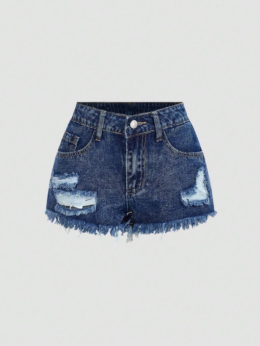 SHEIN PETITE Einfarbige Denim Shorts mit ausgefranstem Saum, Taschen und Rissen, lässiger Sommerstil