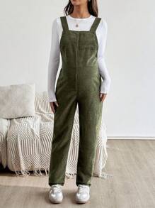 SHEIN 孕妇休闲纯色贴袋直筒连体裤 - 軍綠色 - 查看 6