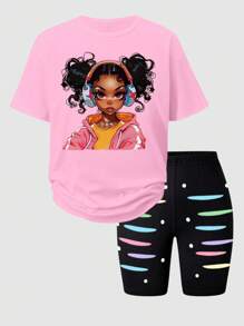 SHEIN Set de 2 piezas de camiseta de manga corta con estampado gráfico y pantalones cortos ajustados con estampado, ropa casual para chicas adolescentes
