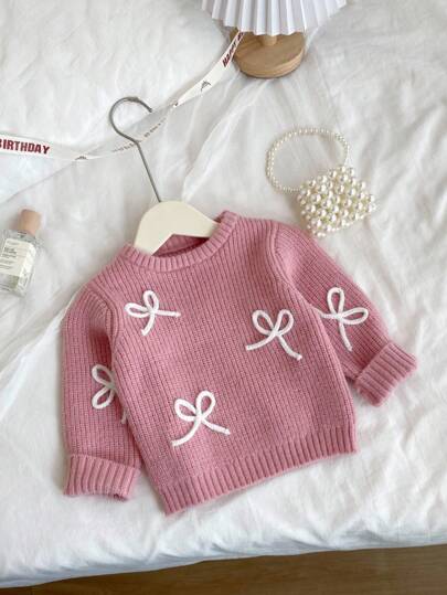 SHEIN Vintaside Kids 可爱蝴蝶结装饰女童套头圆领毛衣，时尚百搭