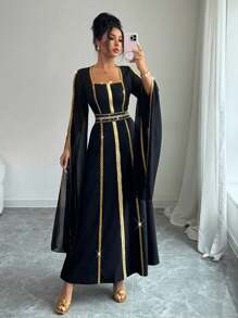 Rafferiza 女士优雅金属金色编织腰带奢华亮片串珠开叉长袖派对连衣裙 - 黑色 - 查看 6