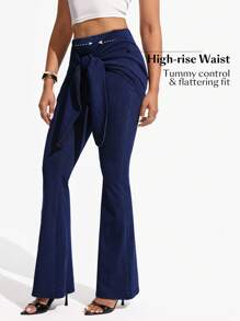SHEIN Essnce Women's Slim Fit Elastic High Waist Flared 2 In 1 All Season Denim Pants - Blue - View 4