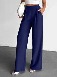 EURMUSE Plain Pocket & Pressed Crease Wide-Leg Casual Pants - Navy Blue - View 6