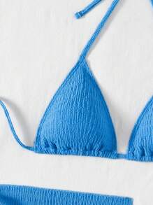 Swim Mod 3件套女士夏季沙滩纯色露背性感比基尼泳装套装带罩衫裙 - 藍色 - 查看 4