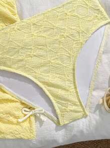 Tween Girls 3Pcs Bikini Sets, 2025 New Style Yellow Casual Textured Swimwear, Fashion Leisure Delicate Elegant Set Suitable For Swimming, Beach, Pool, Photo Shoot, Gift