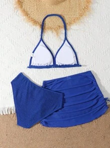 3pcs Solid Color Swimwear Set For Teen Girls, Including Swimsuit, Coverup And Skirt - Blue - View 2