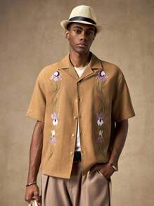 AKNOTIC Business Casual Camisa polo de manga corta casual de corte slim con bordado floral en caqui, adecuada para verano, otoño, vacaciones, uso diario, fiestas, parejas, regalo para hombres