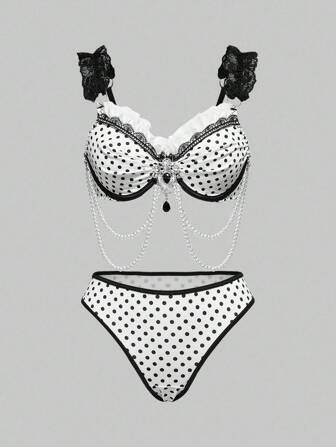 ROMWE Avant Ensemble de lingerie sexy à armature avec patchwork de dentelle et chaîne de perles à pois fait main pour femmes
