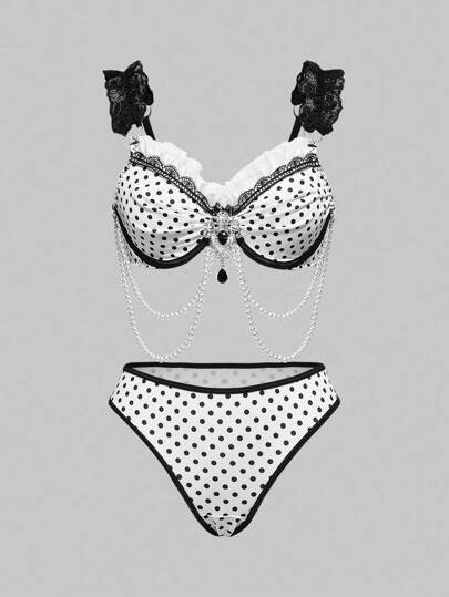 ROMWE Avant Fashionable Handmade Polka Dot Pearl Chain Lace Patchwork Underwire Sexy Lingerie Set For Women