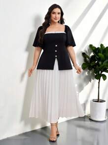 Modelyn Vestido de manga corta con cuello cuadrado de unicolor para tallas grandes, moda de verano - Blanco y Negro - Ver 7