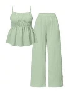 Sparklyn 2 件套青少年女孩吊带背心上衣和直筒阔腿裤套装，休闲夏季服装 - 綠色 - 查看 3
