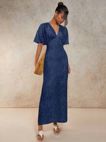 COSMINA Women's Fashionable Waist Cinched Long Dress, Work Commute Wear - Blue - View 1
