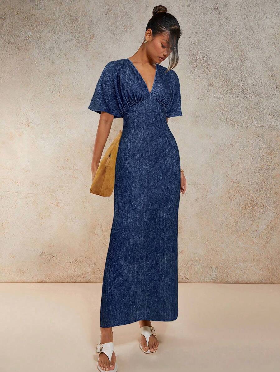 COSMINA Women's Fashionable Waist Cinched Long Dress, Work Commute Wear - Blue - View 1