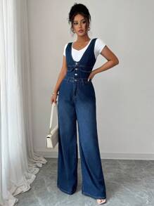 Elenzga Bộ đồ liền thân denim loe không tay cổ chữ V cài nút thường ngày cho nữ - Rửa tối - Xem 5