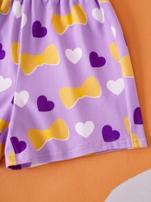 Blippi X SHEIN Bộ đồ mùa hè 2 món áo tay dài màu tím ombre phong cách hoạt hình cho bé gái và quần short in hình bướm trái tim dễ thương - Màu tím - Xem 6