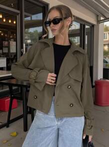 Siren Gaze Women's Button-Up Belted Trench Coat With Raglan Sleeves In Fall/Winter Green Casual Christmas - Olive Green - View 1