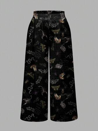 Plus Size Women Gothic Witch, Mushroom, Skeleton, Moth, Leaf Print Wide Leg Loose Pants