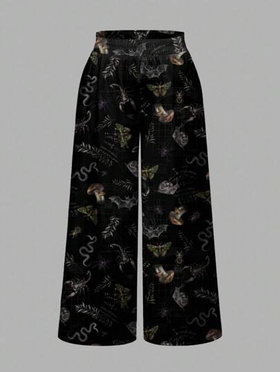 Plus Size Women Gothic Witch, Mushroom, Skeleton, Moth, Leaf Print Wide Leg Loose Pants